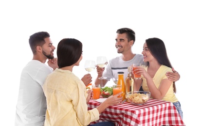 Photo of Group of friends at picnic table against white background