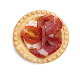 Photo of Delicious canape with jamon, cream cheese and cherry tomato isolated on white, top view