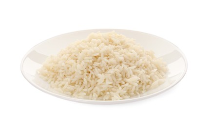 Photo of Plate with delicious rice isolated on white