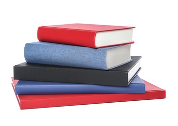 Photo of Stack of different hardcover books on white background