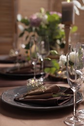 Photo of Elegant table setting with beautiful floral decor