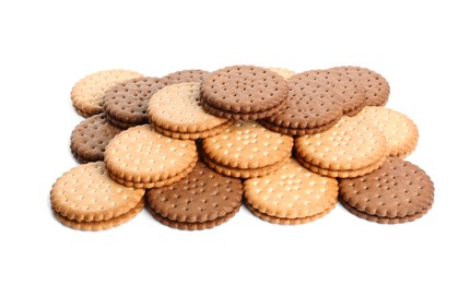 Photo of Different tasty sandwich cookies on white background