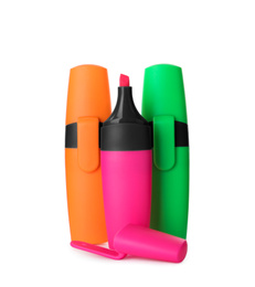 Photo of Bright color highlighters isolated on white. Stationery for office
