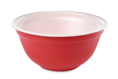 Photo of Disposable red plastic bowl isolated on white