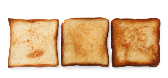 Photo of Pieces of fresh toast bread isolated on white, top view