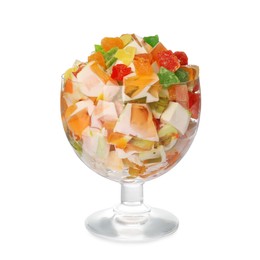 Photo of Delicious broken glass jelly dessert in bowl on white background