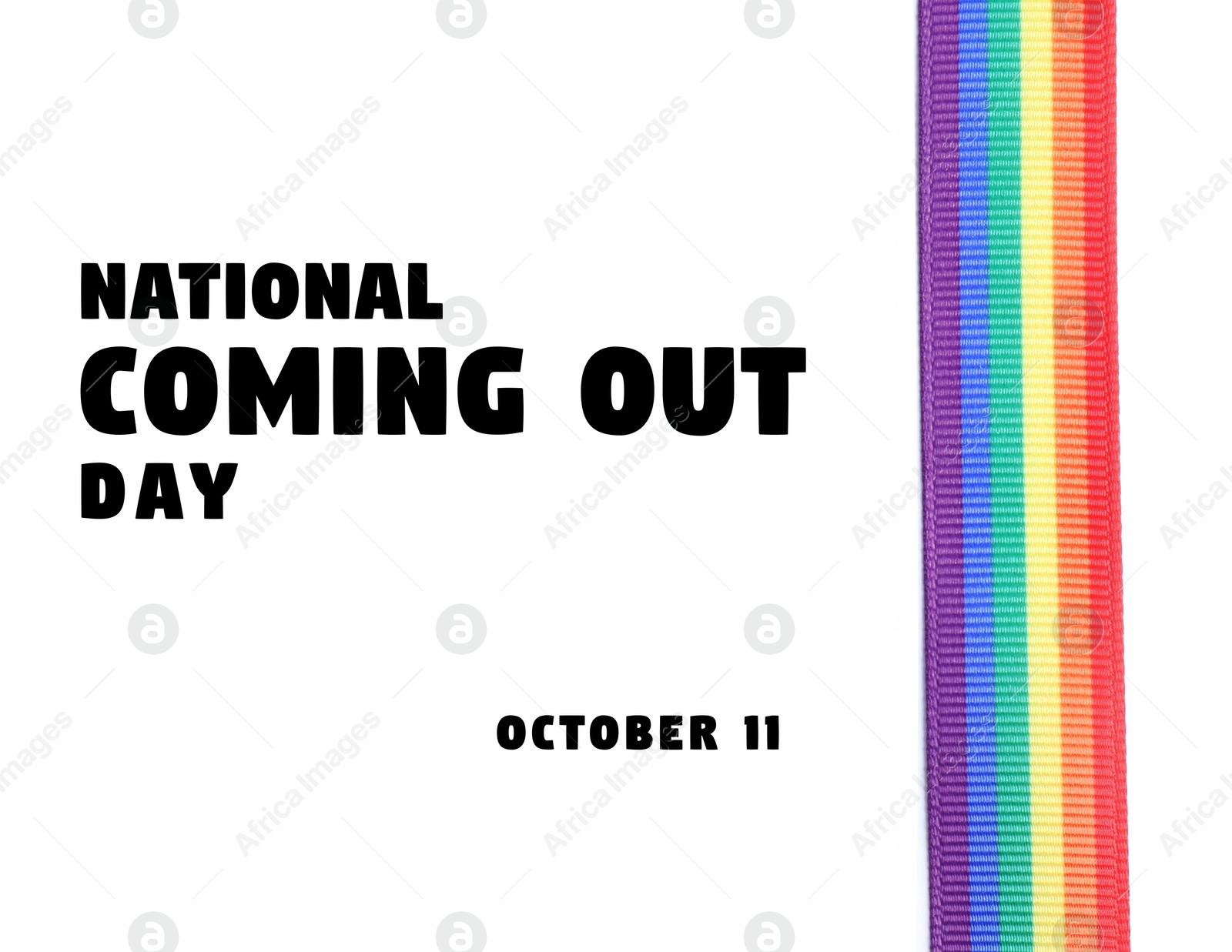 Image of National Coming Out day, October 11. Rainbow pride ribbon and text on white background