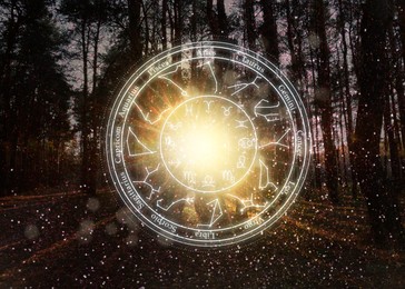 Image of Zodiac wheel with 12 astrological signs and star constellations and forest landscape on background