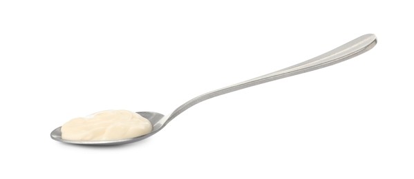 Photo of Spoon with tasty mayonnaise isolated on white