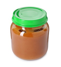 Photo of Baby food. Tasty healthy puree in jar isolated on white