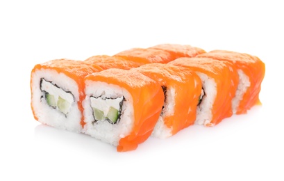 Photo of Tasty sushi rolls on white background. Food delivery service
