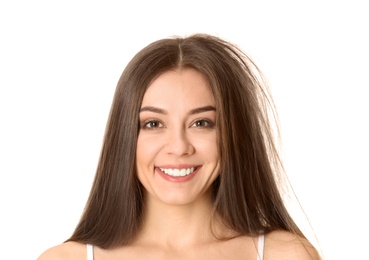 Happy woman before and after hair treatment on white background