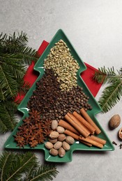 Different spices, nuts and fir branches on light gray textured table, flat lay