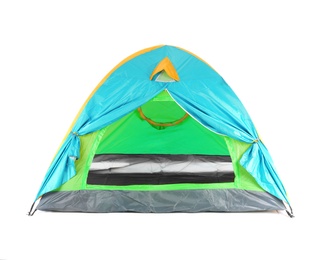 Photo of Colorful camping tent on white background