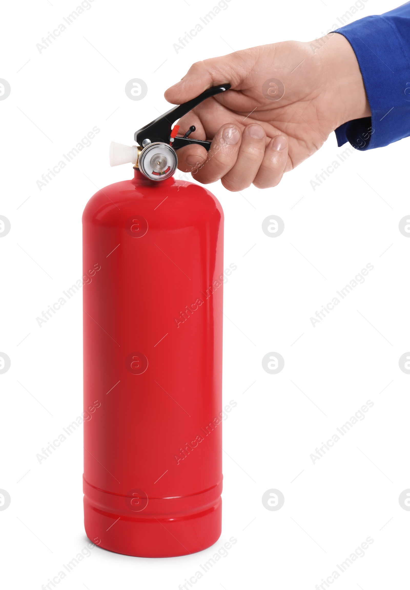 Photo of Man with fire extinguisher on white background, closeup