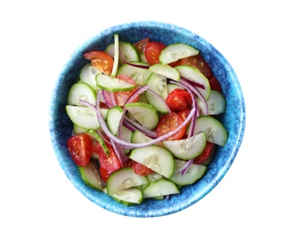 Photo of Fresh tasty salad with cucumber in bowl on white background, top view
