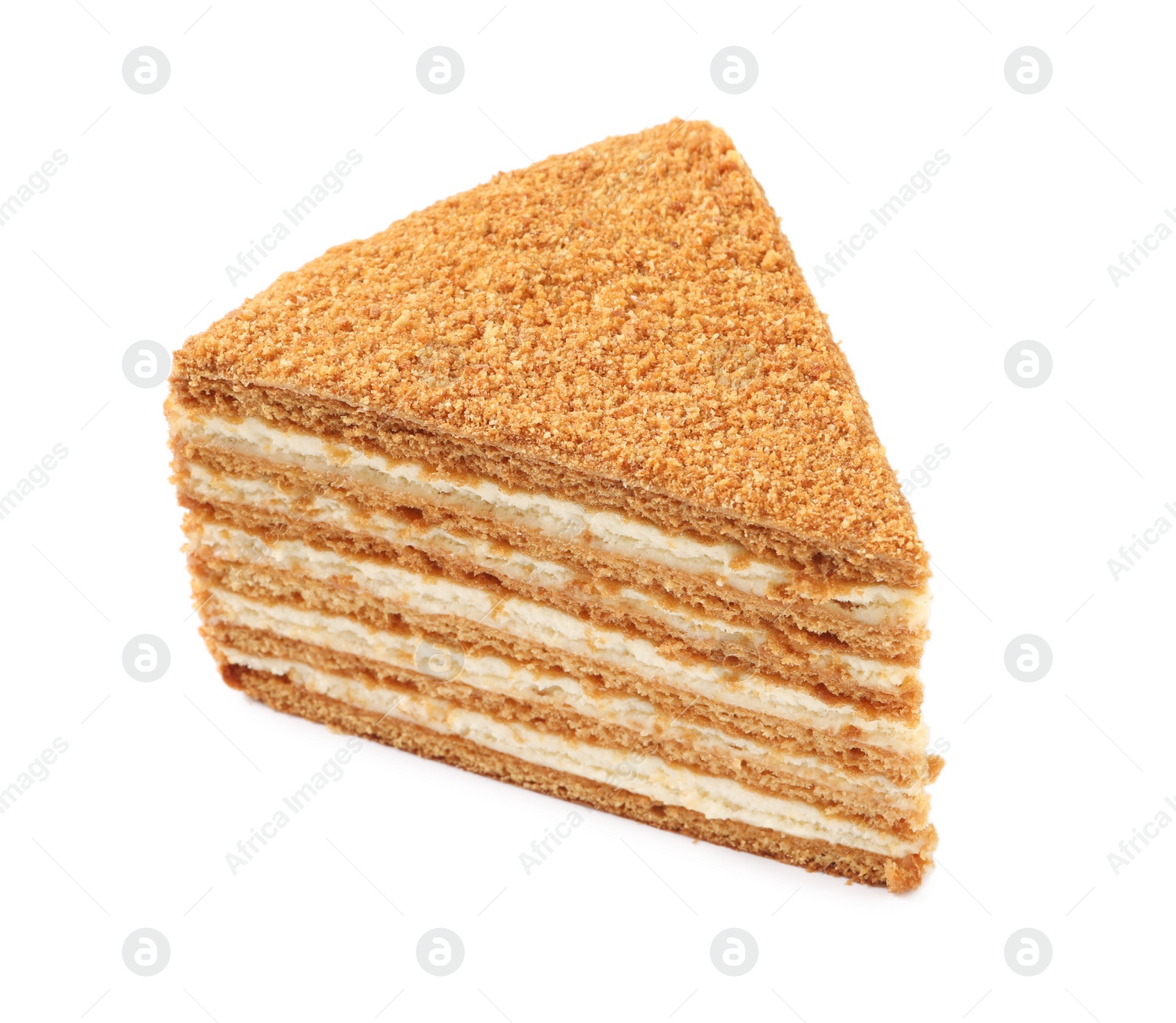 Photo of Slice of delicious layered honey cake isolated on white