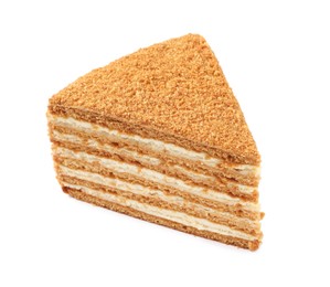 Slice of delicious layered honey cake isolated on white