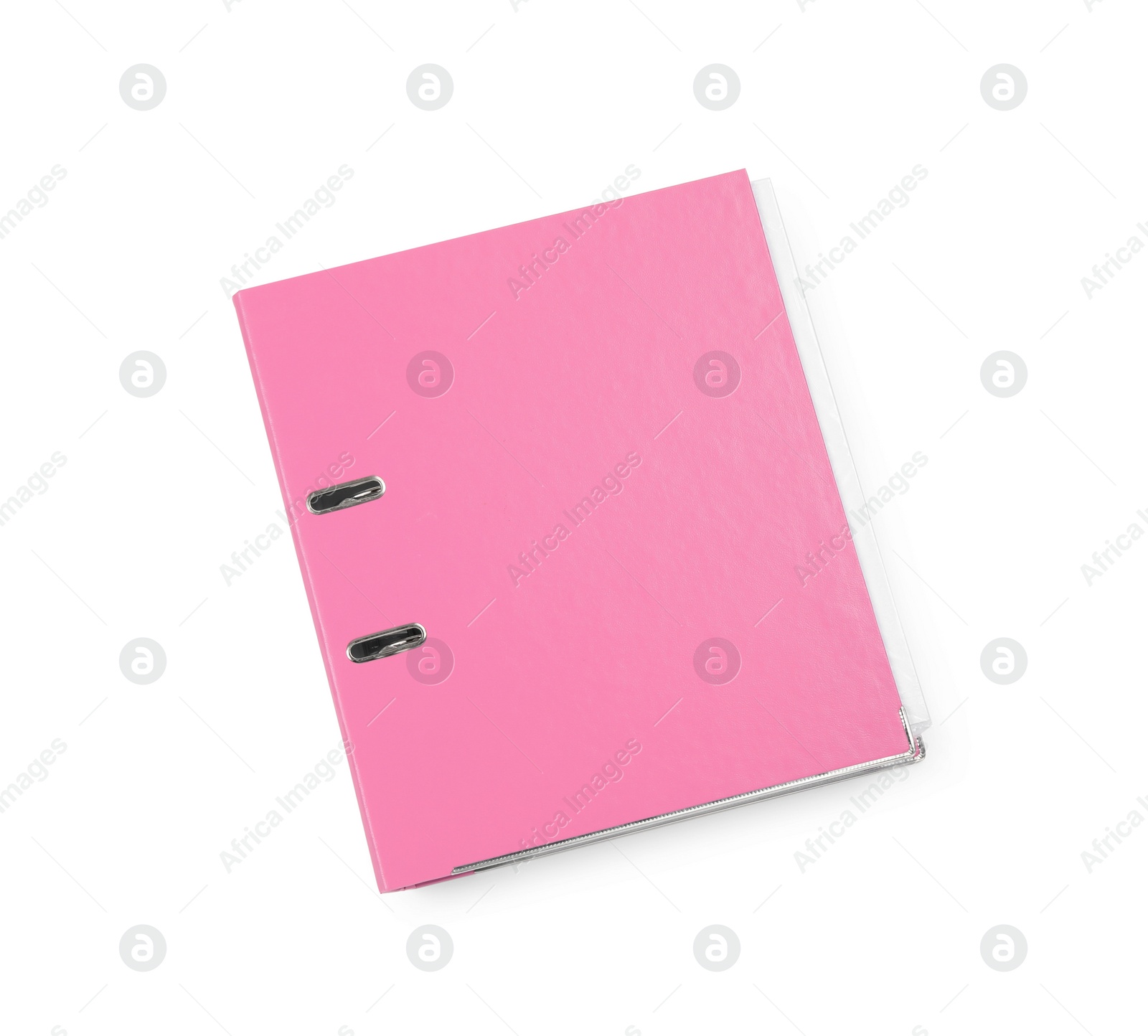 Photo of One pink office folder isolated on white, top view