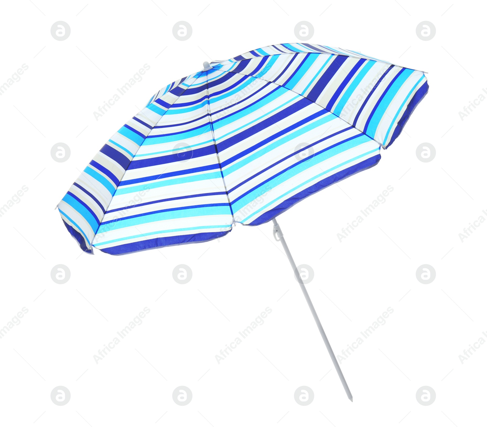 Photo of Open blue striped beach umbrella isolated on white