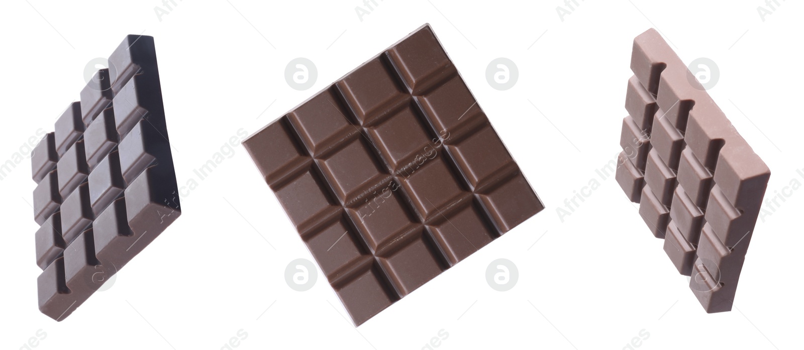 Image of Set with delicious chocolate bars on white background. Banner design