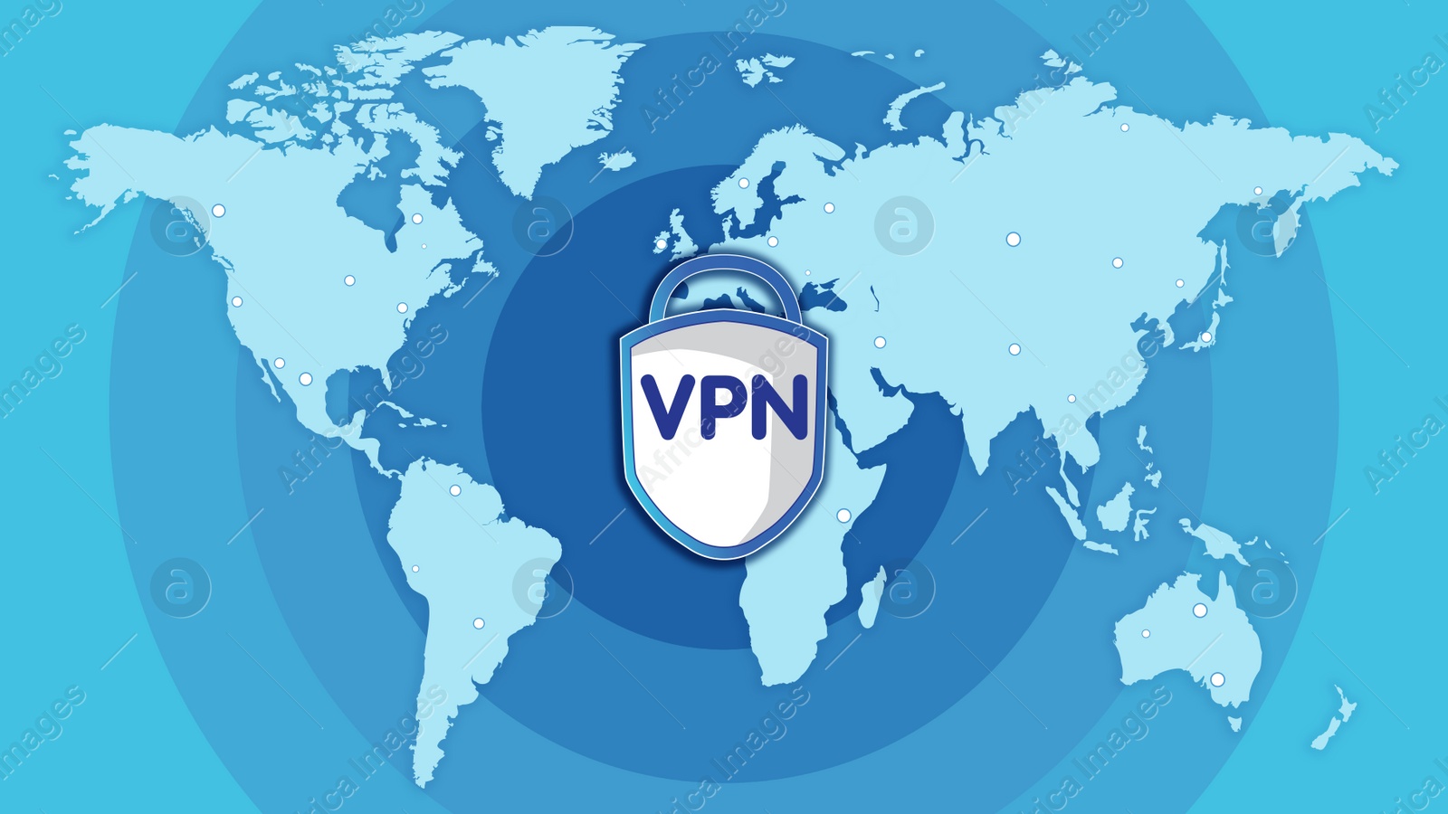 Illustration of Concept of secure network connection. Acronym VPN and world map on color background, illustration