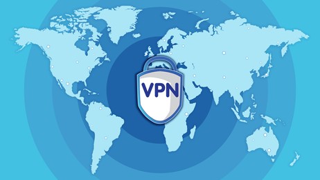 Concept of secure network connection. Acronym VPN and world map on color background, illustration