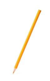 Orange wooden pencil on white background. School stationery