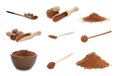 Image of Set with nutmeg powder on white background