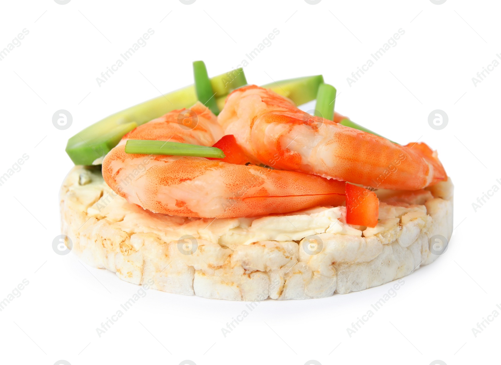 Photo of Puffed rice cake with shrimps and avocado isolated on white