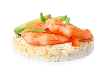 Photo of Puffed rice cake with shrimps and avocado isolated on white