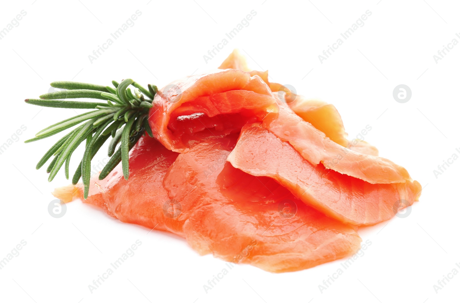 Photo of Fresh sliced salmon fillet with rosemary on white background