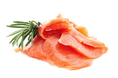 Photo of Fresh sliced salmon fillet with rosemary on white background