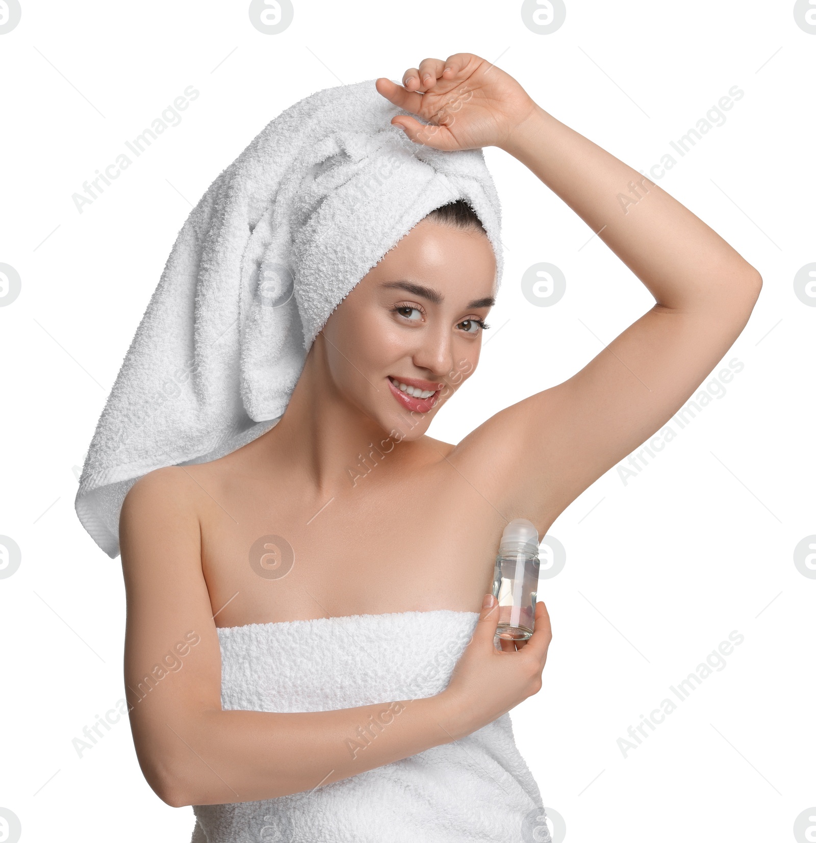 Photo of Beautiful woman applying deodorant on white background