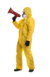 Man wearing chemical protective suit with megaphone on white background. Prevention of virus spread