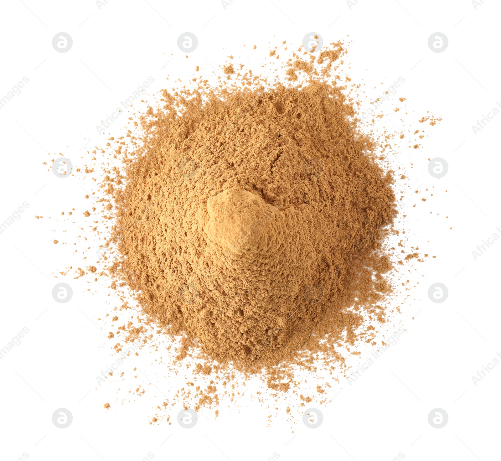 Photo of Pile of dry aromatic cinnamon powder isolated on white, top view