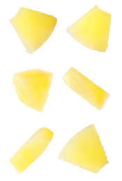 Image of Canned pineapple pieces flying on white background