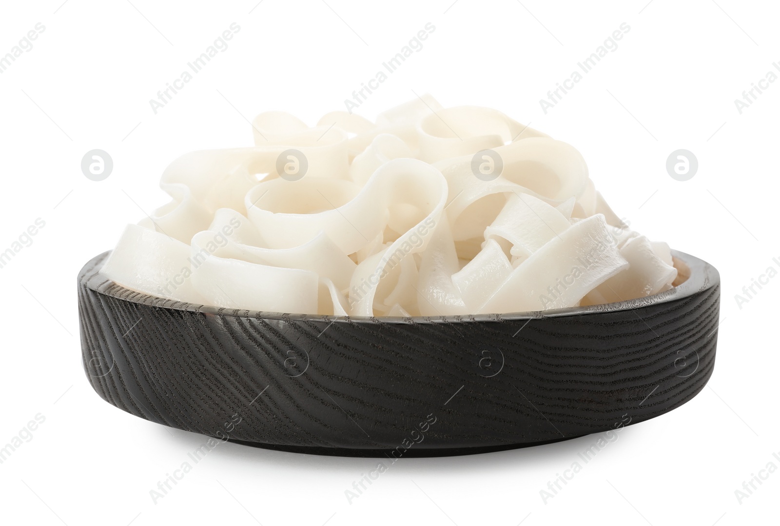 Photo of Black wooden plate with rice noodles isolated on white