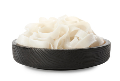 Black wooden plate with rice noodles isolated on white