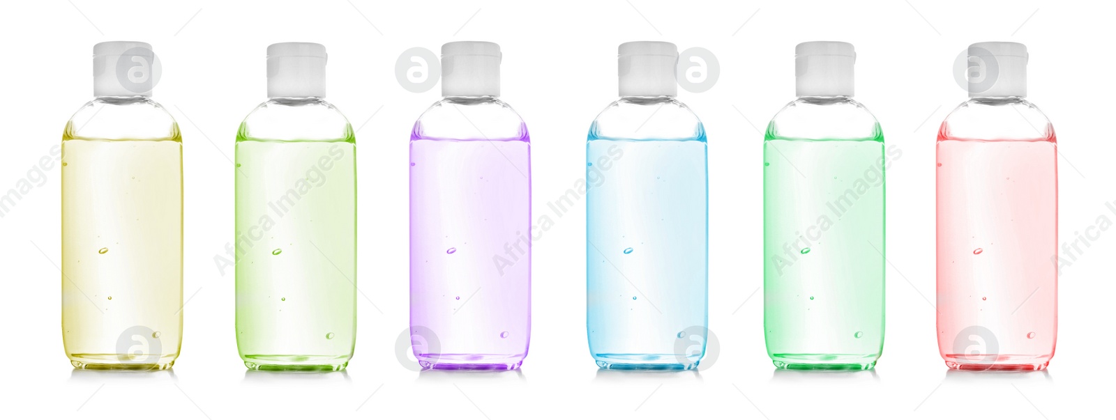 Image of Set of different antibacterial hand gels on white background. Banner design