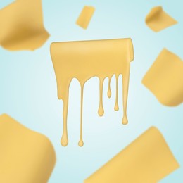 Image of Slices of cheese falling on light blue background