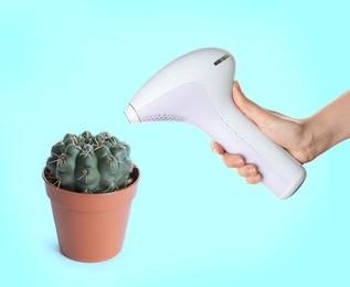 Hair removal concept. Cactus and woman holding modern photoepilator on turquoise background, closeup