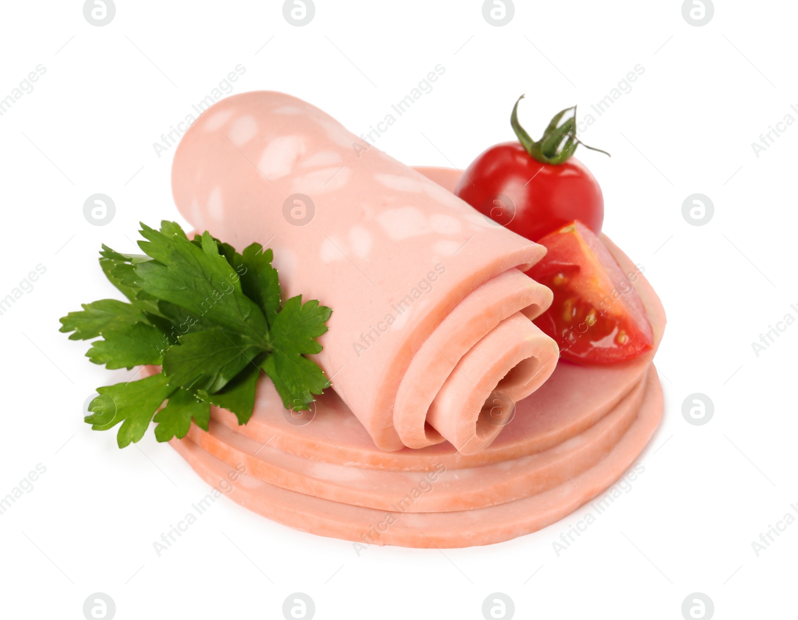 Photo of Slices of delicious boiled sausage with parsley and tomatoes on white background