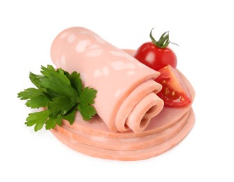 Photo of Slices of delicious boiled sausage with parsley and tomatoes on white background