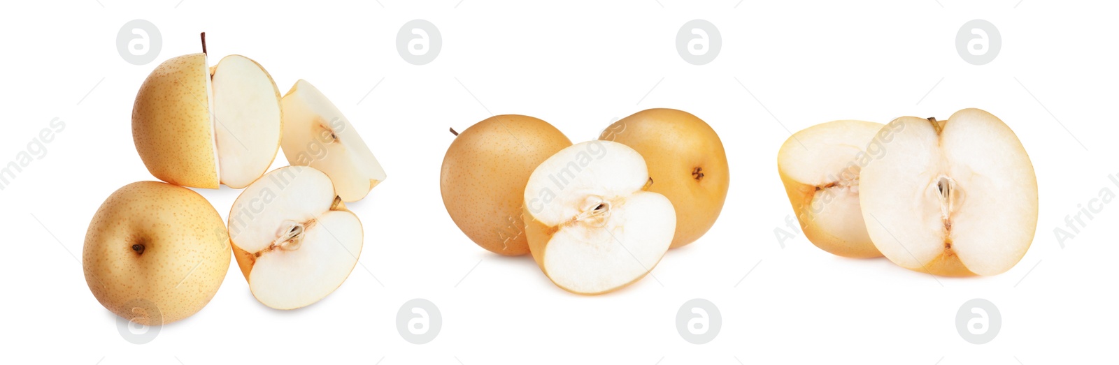 Image of Set with fresh ripe apple pears on white background, banner design 