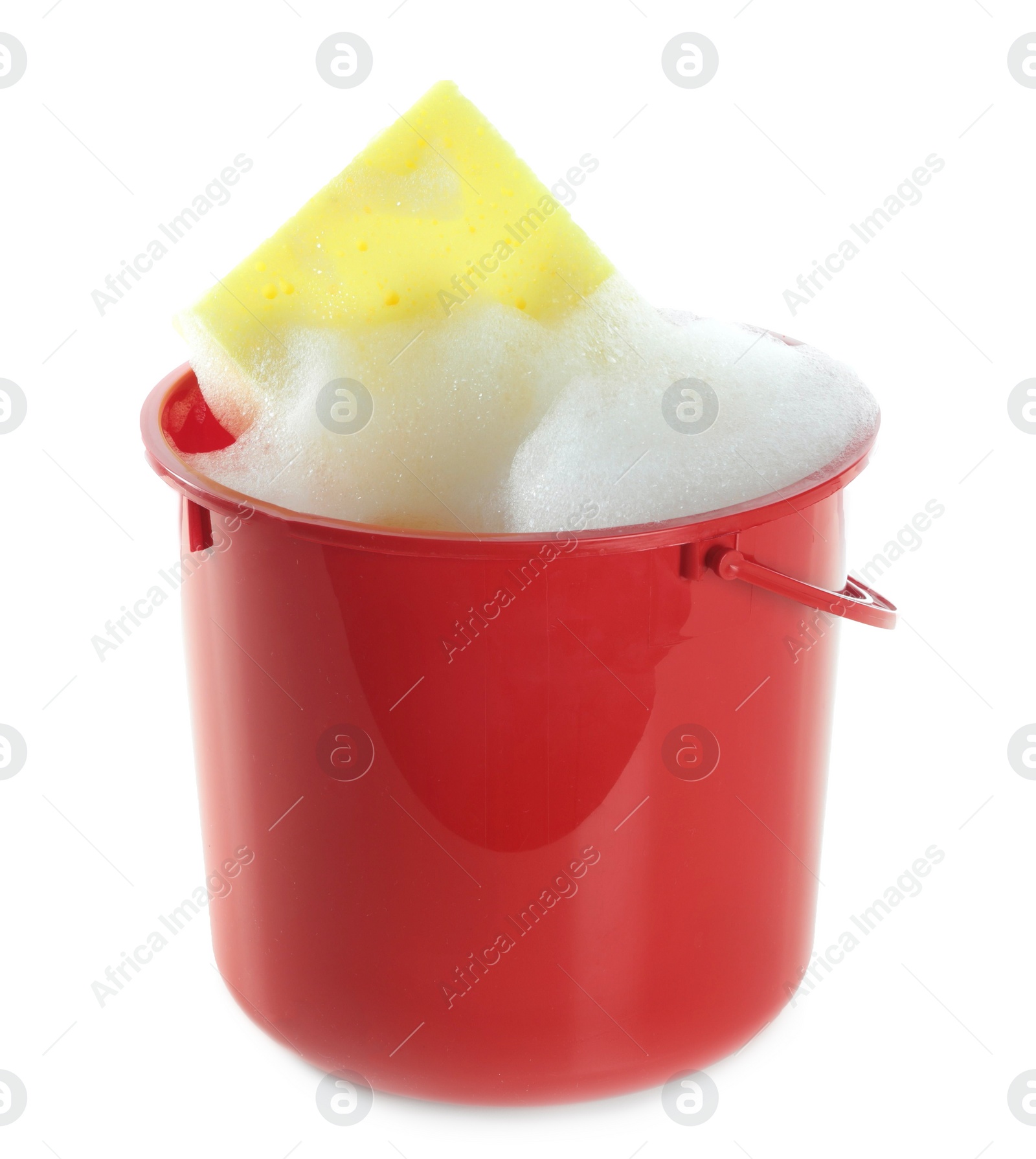 Photo of Plastic bucket with foam and sponge isolated on white. Cleaning supplies