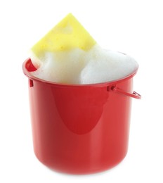 Plastic bucket with foam and sponge isolated on white. Cleaning supplies