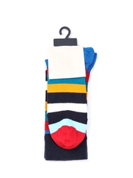 Photo of Colorful socks on white background, top view