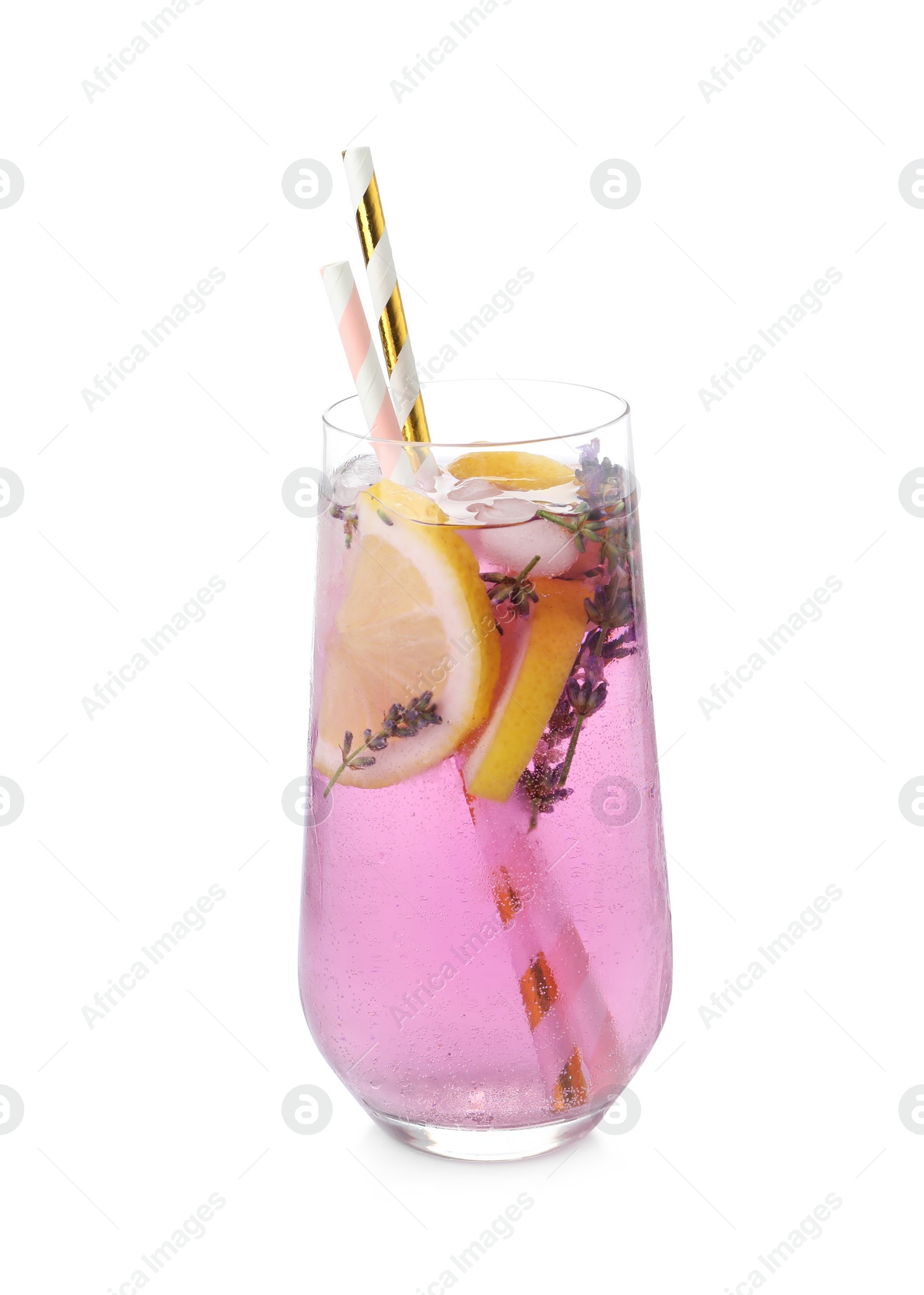 Photo of Fresh delicious lemonade with lavender and straws isolated on white