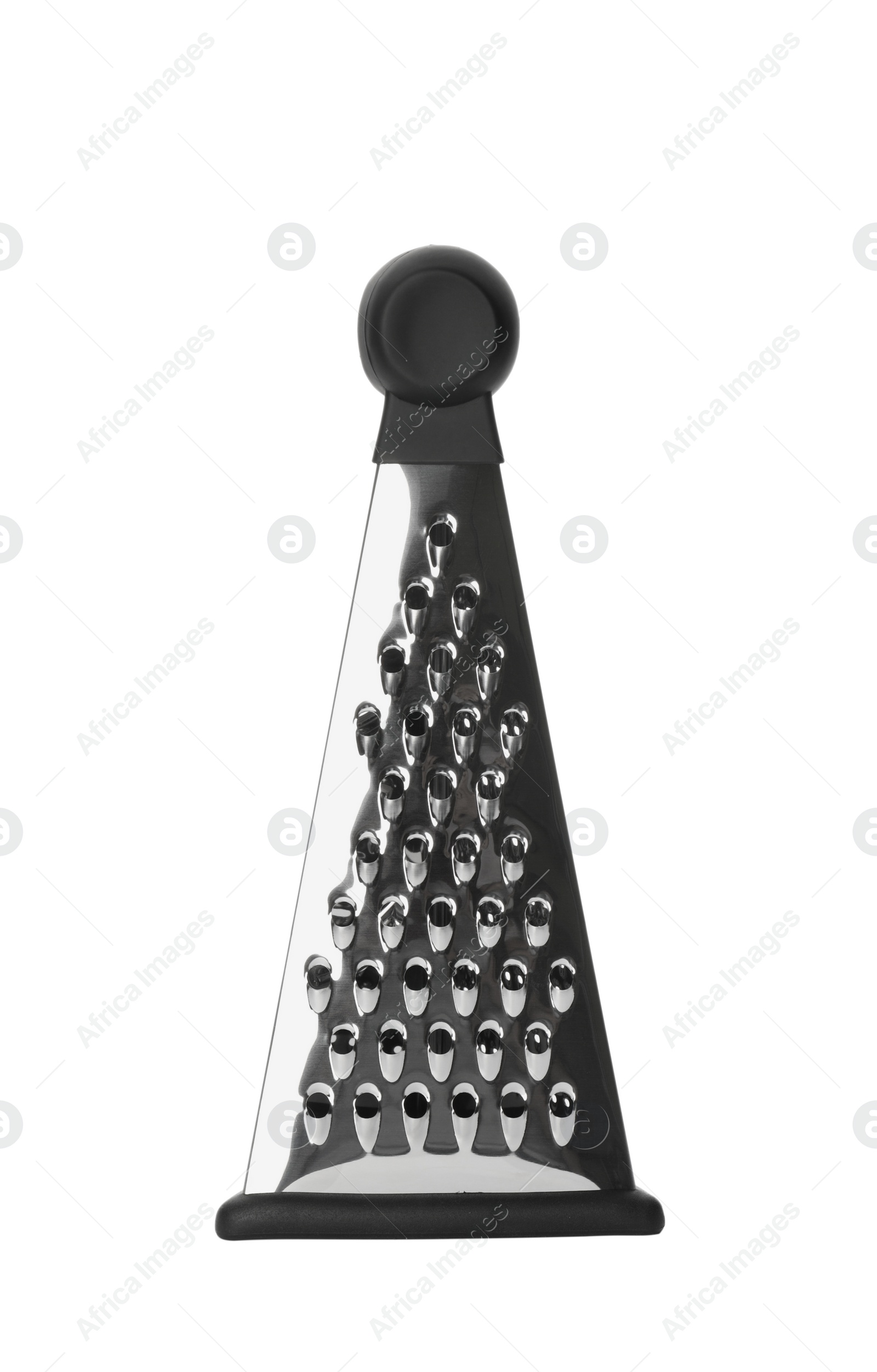 Photo of Stainless steel grater on white background. Kitchen utensil